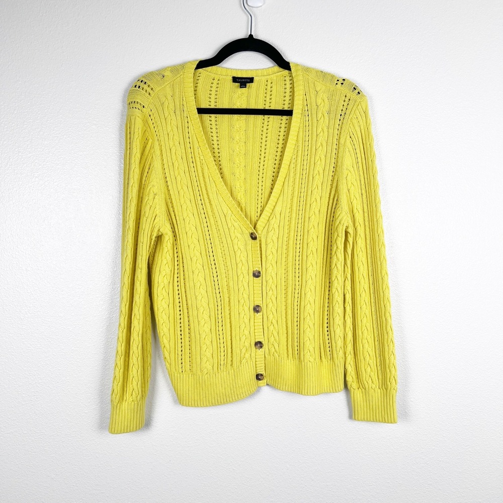 Talbots Womens Yellow Open Knit Cable Button Front Cardigan‎ XL